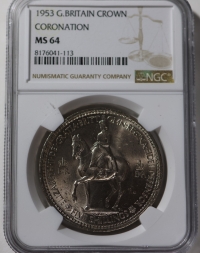 영국 1953년 CROWN, 엘리자베스 2세 여왕의 대관식, NGC MS 64 UNC ( KM#894 / 28.28g / 38.61mm / Copper-Nickel )