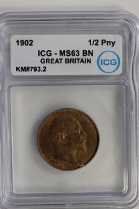 영국 1902년 1/2 Penny, 에드워드 7세,  ICG MS 63 BN 미사용 ( KM#793.2 / 적동 / 5.67 g / 25.5 mm / 1.3 mm )