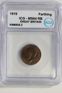 영국 1919년 Farthing , 조지 5세,  ICG MS 64 RB 미사용 ( KM#808.2 / 적동 / 2.83g / 20mm / 1.3mm )