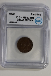 영국 1922년 Farthing , 조지 5세,  ICG MS 62 BN 미사용 ( KM#808.2 / 적동 / 2.83g / 20mm / 1.3mm )
