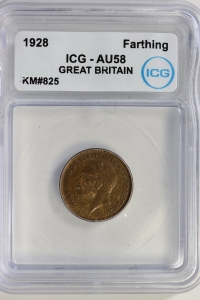 영국 1928년 Farthing , 조지 5세,  ICG AU58 준미사용 ( KM#825 / 적동 / 2.83g / 20mm / 1.3mm )