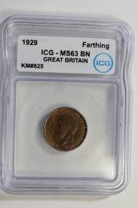 영국 1929년 Farthing , 조지 5세,  ICG MS 63 BN 미사용 ( KM#825 / 적동 / 2.83g / 20mm / 1.3mm )