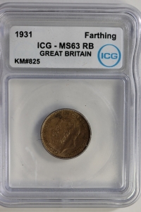 영국 1931년 Farthing , 조지 5세,  ICG MS 63 RB 미사용 ( KM#825 / 적동 / 2.83g / 20mm / 1.3mm )