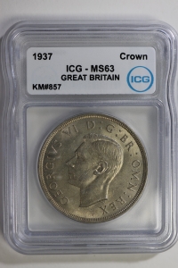 영국 1937년 Crown , 조지 6세, 은화  ICG MS 63 미사용 ( KM#857 / 28.28 g / 0.5 Silver / 38.61mm / 2.9mm )
