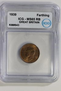 영국 1939년 Farthing , 조지 6세, ICG MS 65 RB 완전미사용 ( KM#843/ 적동 / 2.83g / 20mm / 1.3mm )