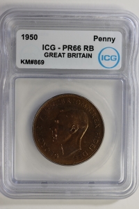 영국 1950년 Penny , 조지 6세,  ICG PR66 RB 프루프  ( KM#869 / 적동 / 9.45 g / 30.8 mm / 1.6mm / 발행량 18,000개 )