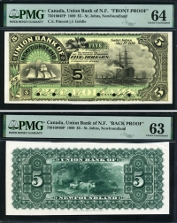 캐나다 Canada 1889 $5 , S125, 뉴펀들랜드 연합은행, 양면 프루프, PMG 63 / 64 미사용