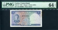실론 Ceylon 1951 1 Rupee,P47,PMG 64 NET ( 오른쪽 테두리 얼룩) 미사용
