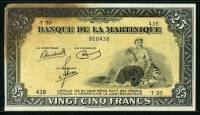 마르티니크 Martinique 1943-1945 25 Francs,P17, 미품 (얼룩 및 코너 손상)