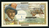 생피에르 미클롱 Saint Pierre & Miquelon 1960, 1 Nouveau Franc on 50 Francs,P30b, 미사용 ( 변색반점 )