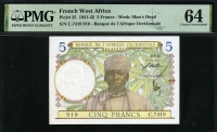 프랑스령 서아프리카 French West Africa 1941-1942 5 Francs P25 PMG 64 미사용