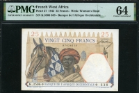 프랑스령 서아프리카 French West Africa 1942 25 Francs P27 PMG 64 미사용