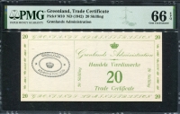 그린란드 Greenland 1942 20 Skilling,M10,군표,PMG 66 EPQ 완전미사용