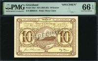 그린란드 Greenland 1953-1967 10 Kroner, P19s2 Specimen PMG 66 EPQ 완전미사용