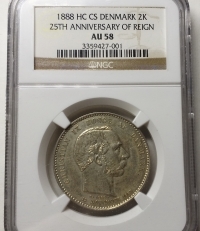 덴마크 1888년, 크리스티안 9세 2 크로네, NGC AU58 준미사용 (KM#799/ 15g/ 80%은/ 31 mm)