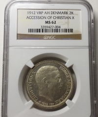 덴마크 1912년 크리스티안 10세, 2크로네 NGC MS62 미사용 (KM#811/ 15g/ 80%은/ 31 mm)
