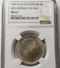 덴마크 1930년 국왕 즉위 60주년 기념 2크로네, NGC MS63  미사용 (KM#829/ 15g/ 80%은/ 31 mm)