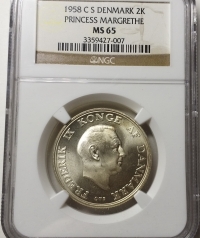덴마크 1958년 프레데릭 9세 2크로네, NGC MS65 완전미사용 (KM#845/ 15g/ 80%은/ 31 mm)