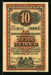 오스트리아+헝가리 1916년 소프론니에크(Sopronny&eacute;k) 수용소, 10 헬러(Heller) / 10 필레르(Fill&eacute;r) 준미사용+