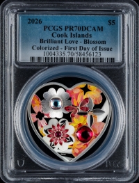 쿡제도 2026년 5달러 브릴리언트 러브-블로썸 은화 20g PCGS PR70 최고등급,퍼스트 릴리즈 (가로세로37mm)