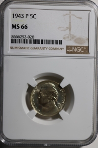 미국 1943년 P 제퍼슨 니켈 5센트,제3대 대통령 토머스 제퍼슨,KM#192a, NGC MS66 완전미사용