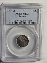 프랑스 1894년 50상팀 (50 Centimes) 은화 PCGS MS66 완전미사용