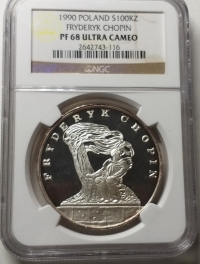 폴란드 1990년 쇼팽 기념 100000즈워티 1oz 프루프 은화 NGC PF68 UC