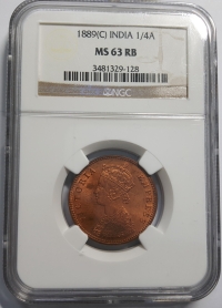 영국령 인도 1889년 1/4안나 동화 - 빅토리아 여왕 NGC MS63 RB 미사용