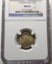 인도 1939년 1/4안나(1/4루피) 조지 6세, 봄베이조폐국, 은화 NGC MS63 미사용