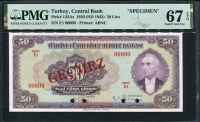 터키 Turkey 1930(1942) 50 Lira, P142As,Specimen,PMG 67 EPQ 퍼펙스 완전미사용