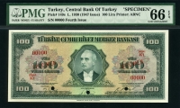 터키 Turkey 1930(1947) 100Lira, P149s, Specimen, PMG 66 EPQ 완전미사용