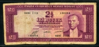터키 Turkey 1930(1952) 2 1/2 Lira,P150, 병품