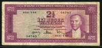 터키 Turkey 1930(1957) 2 1/2 Lira, P152, 보품+미품