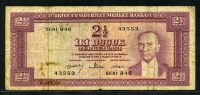 터키 Turkey 1930(1960) 2 1/2 Lira,P153, 보품
