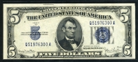 미국 1934년 D 5달러,Fr#1655,블루실,은화 상환권 (Silver Certificate) 미사용